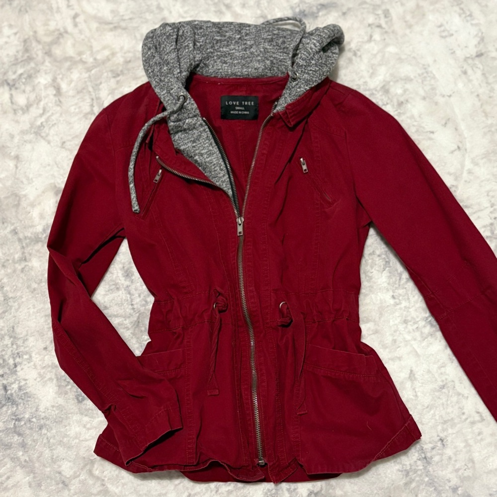 Love Tree Red Drawstring-Waist Utility Jacket with Gray Hood